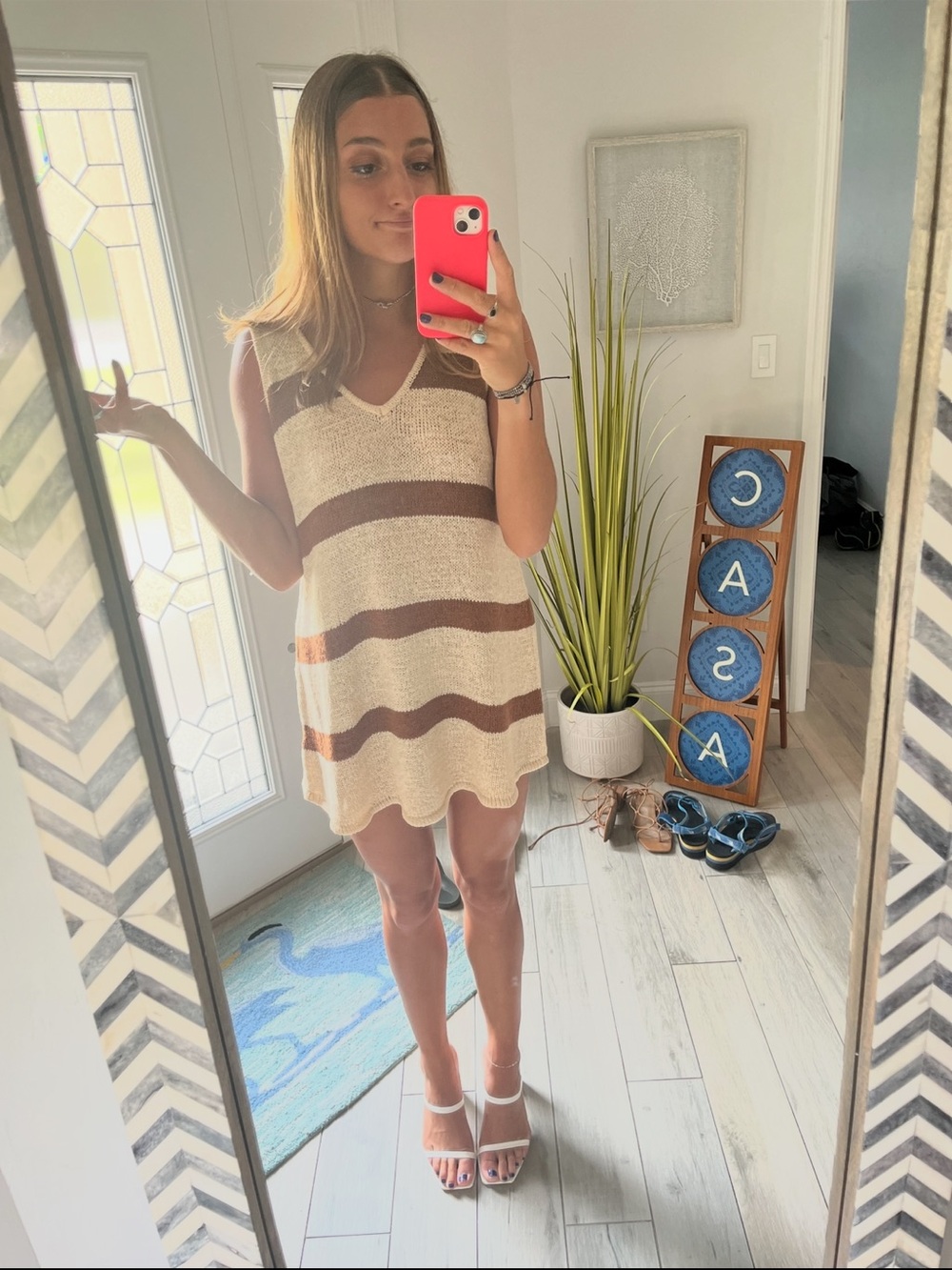 JODIFL Cream and Brown Striped V-Neck Mini Dress
